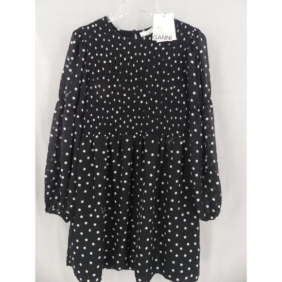 Ganni Dress 4 Mini Smocked Crepe Lined 36 Polka Dot Black White NEW - Picture 2 of 8
